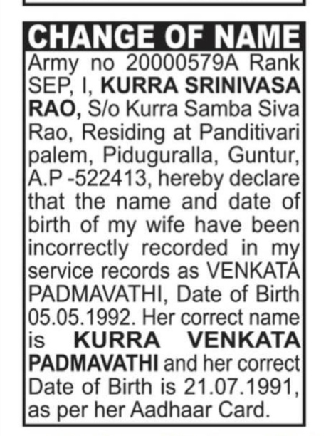 CHANGE of name notice - kurra venkata padmavathi