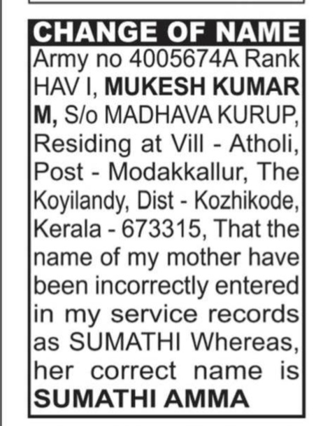 CHANGE OF NAME NOTICE - MUKESH KUMAR