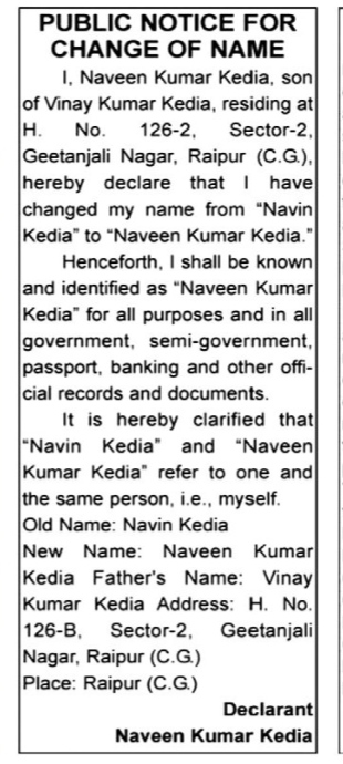 CHANGE OF NAME NOTICE- NAVIN KEDIA