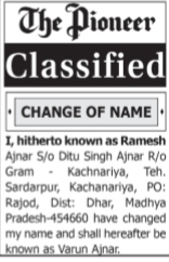 CHANGE OF NAME NOTICE - RAMESH