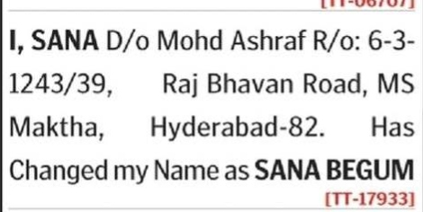 CHANGE OF NAME NOTICE- SANA BEGUM