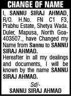CHANGE OF NAME NOTICE- SANNU SIRAJ AHMED