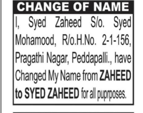 CHANGE OF NAME -SYED ZAHEED