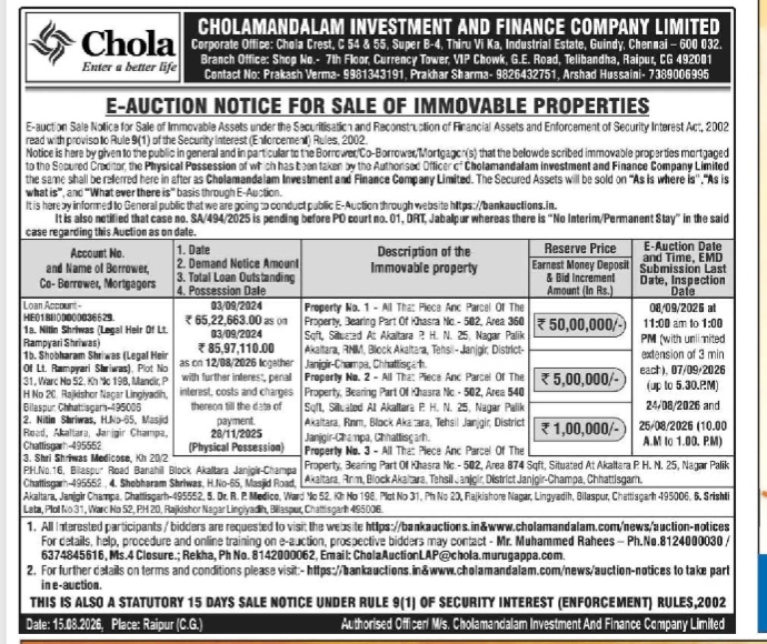 Cholamandalam Investment and Finance E-Auction Notice