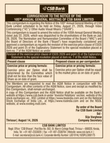 CSB Bank Corrigendum to the 105th AGM Notice