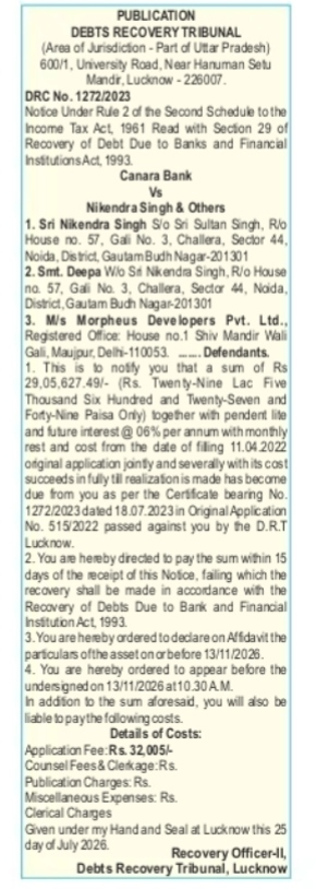 Debts Recovery Tribunal Publication Notice (DRC No. 1272/2023) – Canara Bank Vs Nikendra Singh & Others