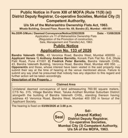Deemed Conveyance Notice: Bandra Valeneth CHSL
