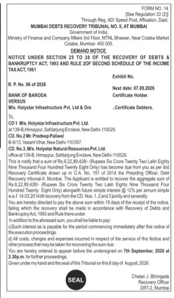 Demand Notice from the Mumbai Debts Recovery Tribunal (DRT-2) to Holystar Infrastructure Pvt. Ltd. and Others