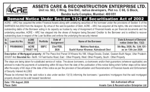 Demand Notice Under Section 13(2) of Securitisation Act of 2002 by Assets Care & Reconstruction Enterprise Ltd.