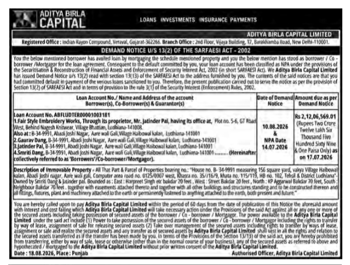 Demand Notice Under Section 13(2) of the SARFAESI Act, 2002