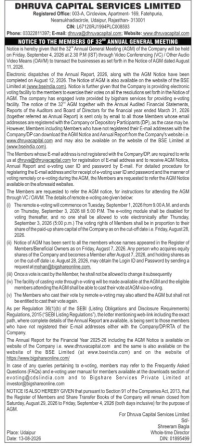 Dhruva Capital Services Limited: Notice of 32nd Annual General Meeting