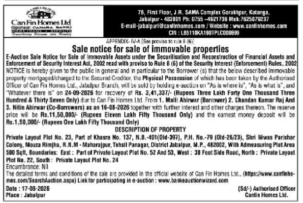 E-Auction Sale Notice for Immovable Property by Can Fin Homes Ltd