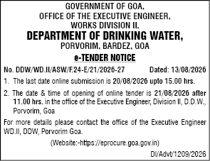 E-Tender Notice: Department of Drinking Water, Government of Goa (August 2026)