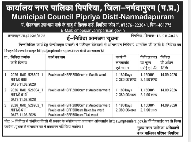 E-Tender Notice - Municipal Council Pipriya (August 2026)