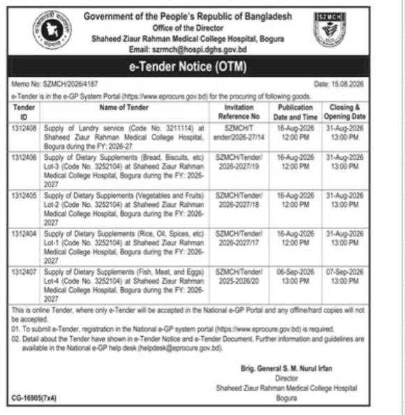 e-Tender Notice (OTM) - Shaheed Ziaur Rahman Medical College Hospital, Bogura