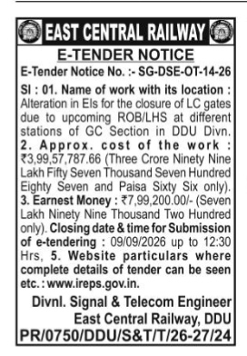 East Central Railway E-Tender Notice