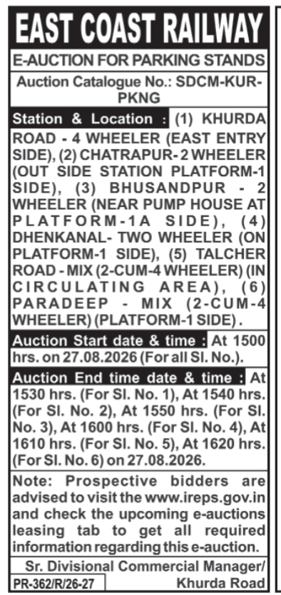 East Coast Railway E-Auction Notice for Parking Stands