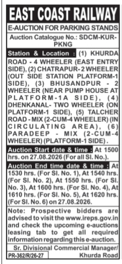 East Coast Railway E-Auction Notice for Parking Stands