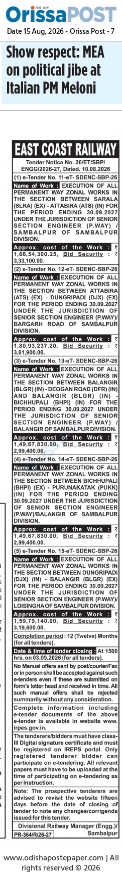 East Coast Railway Tender Notice (August 2026)