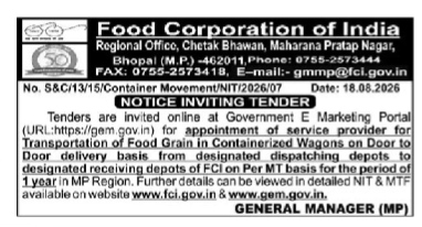 FCI Bhopal Notice Inviting Tender for Food Grain Transportation (August 2026)