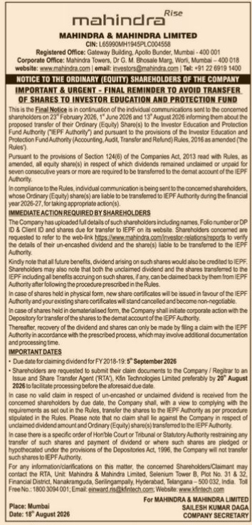 Final Notice to Equity Shareholders: Transfer of Shares to IEPF Authority (Mahindra & Mahindra Limited)