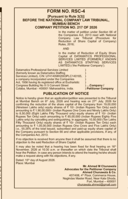 Form No. RSC-4: Public Notice of Share Capital Reduction for Datamatics Professional Services Limited