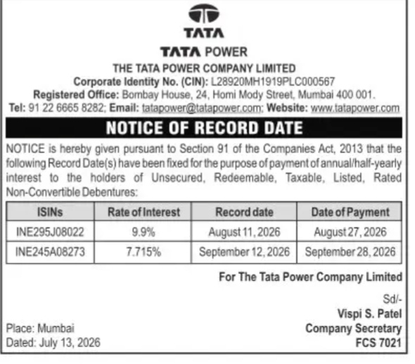 FORMAL NOTICE OF RECORD DATE BY TATA POWER COMPANY