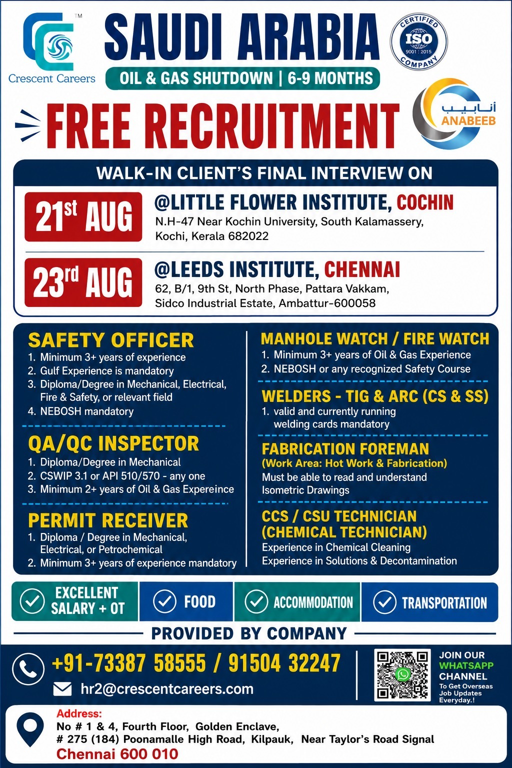 Free Recruitment for Oil & Gas Shutdown project in Saudi Arabia (Walk-in Interviews in Cochin & Chennai)