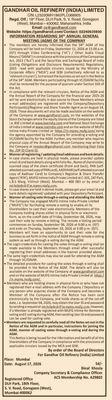 Gandhar Oil Refinery (India) Limited – 34th Annual General Meeting Notice