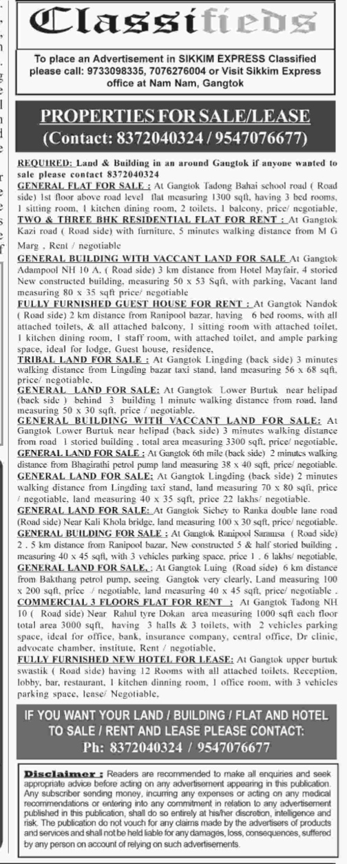 Gangtok Real Estate Classified Advertisement Sheet