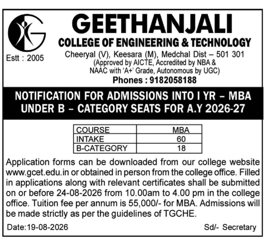 Geethanjali College of Engineering & Technology: MBA B-Category Admissions Notification (A.Y. 2026-27)