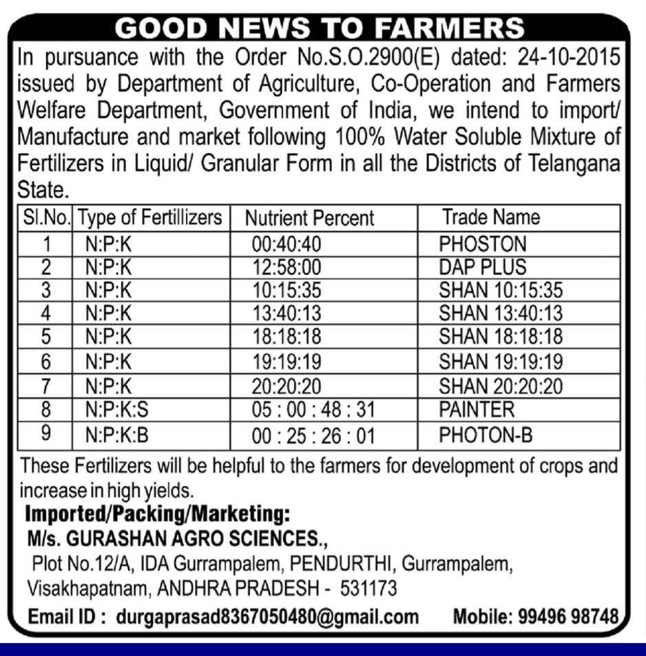 Government Notification for Water Soluble Fertilizers in Telangana