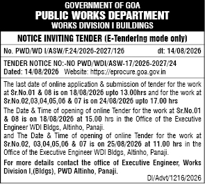 Government of Goa PWD Notice Inviting Tender (August 2026)
