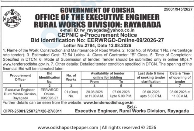Government of Odisha Rural Works Division Rayagada E-Procurement Notice