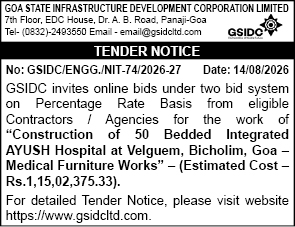 GSIDC Tender Notice: Medical Furniture Works for 50 Bedded AYUSH Hospital at Velguem, Goa (2026)