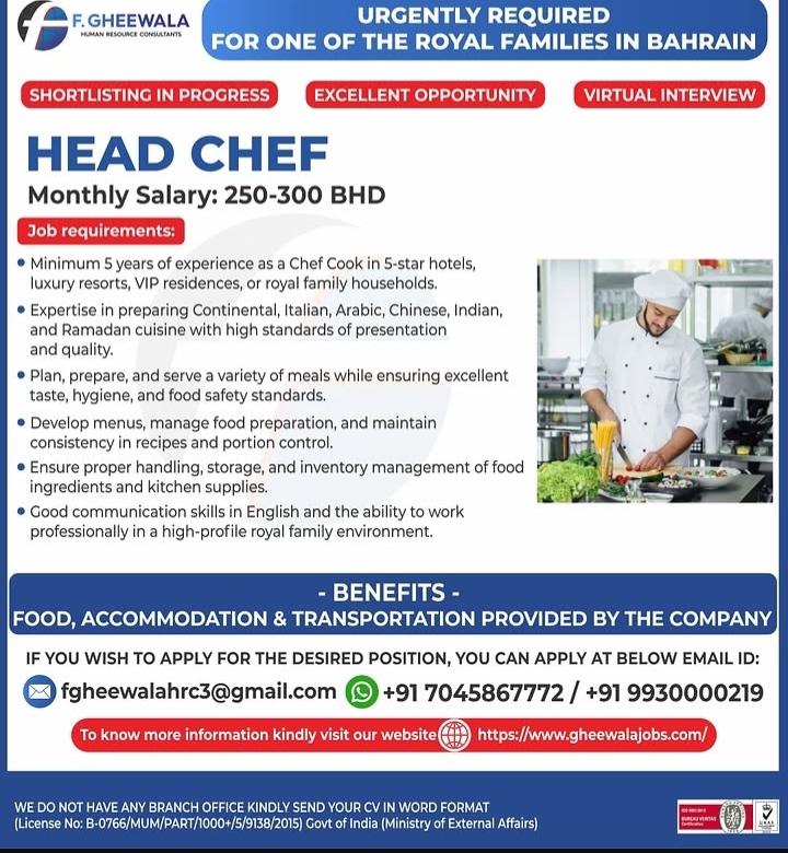 Head Chef Vacancy for a Royal Family in Bahrain