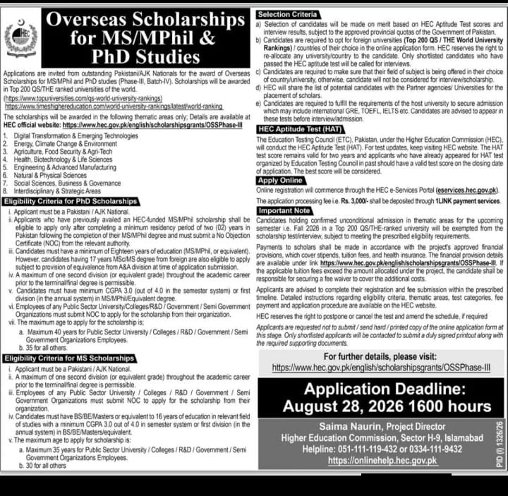 HEC Overseas Scholarships Advertisement 2026