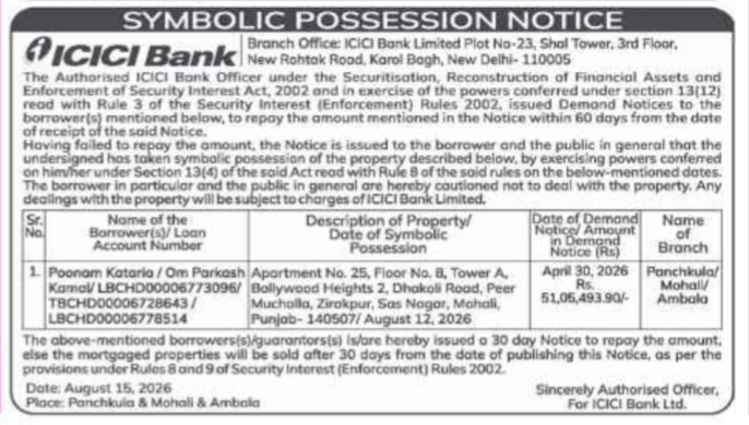 ICICI Bank Symbolic Possession Notice – Poonam Kataria (August 15, 2026)