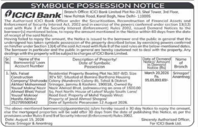 ICICI Bank Symbolic Possession Notice.