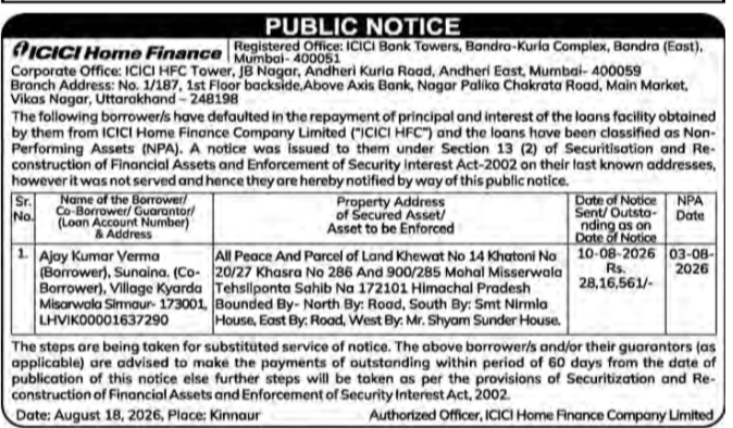 ICICI Home Finance Public Notice for Loan Default (Ajay Kumar Verma