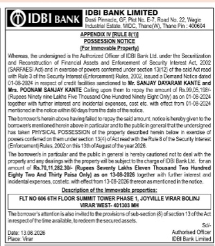 IDBI Bank Physical Possession Notice for Virar Property