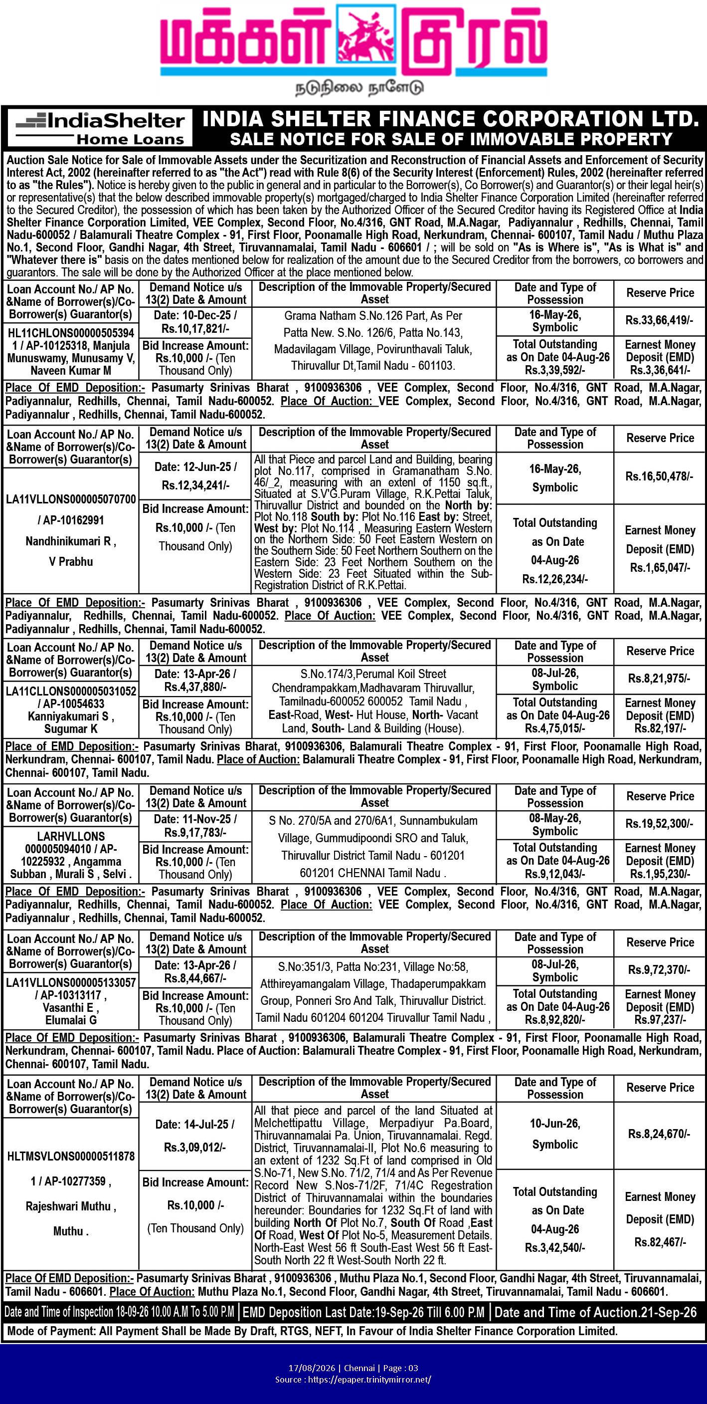 immovable property auction conducted by India Shelter Finance Corporation Ltd.