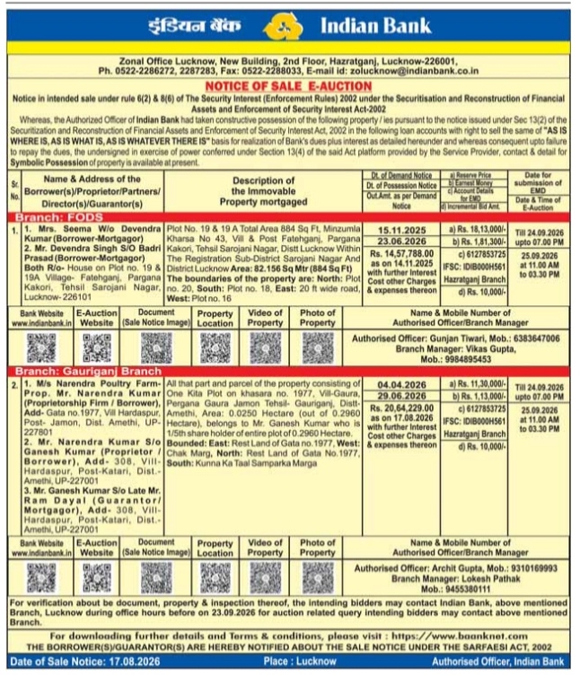 Indian Bank E-Auction Sale Notice