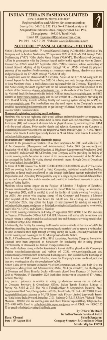 Indian Terrain Fashions Limited - Notice of 17th Annual General Meeting