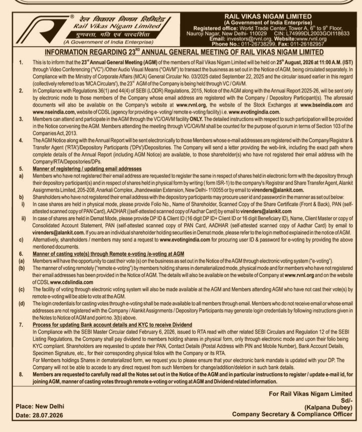 Information Regarding 23rd Annual General Meeting of Rail Vikas Nigam Limited