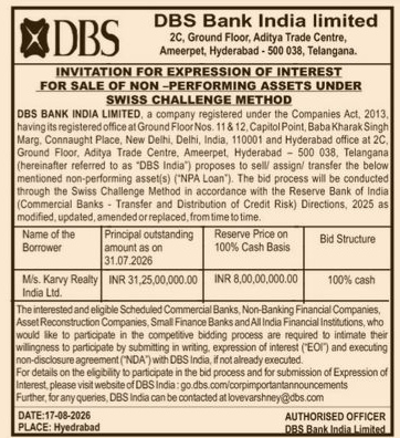 Invitation for Expression of Interest (EOI) – DBS Bank India Limited