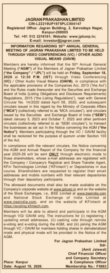 Jagran Prakashan Limited 50th AGM Notice
