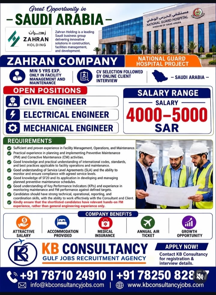 Job Advertisement: Engineer Recruitment for Zahran Company (National Guard Hospital Project, Saudi Arabia)