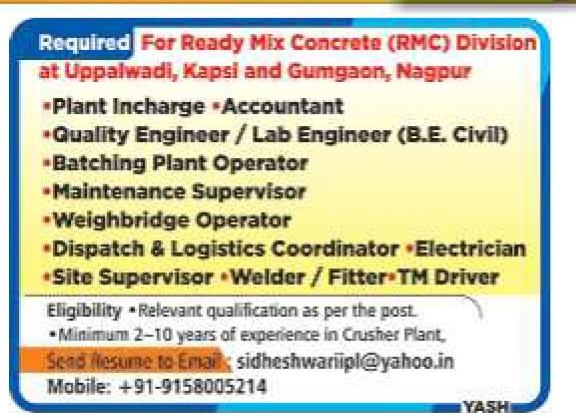 Job Advertisement for Ready Mix Concrete (RMC) Division Roles in Nagpur
