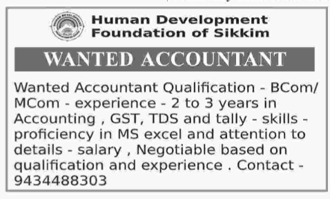 Job Opening: Accountant at Human Development Foundation of Sikkim